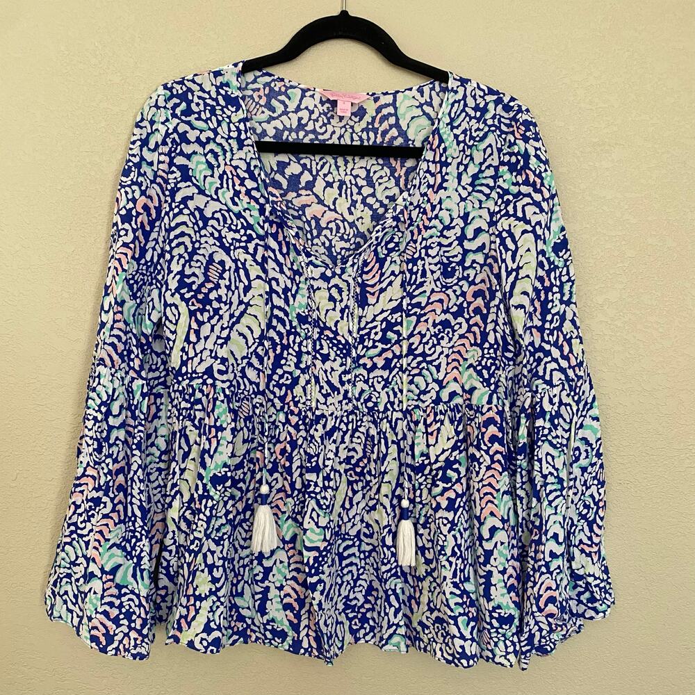 Lilly Pulitzer Blue White Grotto Peasant Blouse Long Sleeve Tassel Women's Small